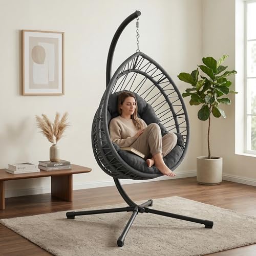 Hanging Egg Chair with Stand, Foldable Swing Hammock Chair, All-Weather Core-Spun Polyester Rope, Yarn-Dyed Cushion, 350LBS, Indoor Outdoor Patio Balcony (Dark Grey)