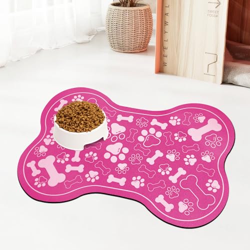 Dog & Cat Food Mat Bone Shaped Pet Feeding Mat Quick Absorb Water Bowl Placemat with Rubber Backing Indoor Floor Stain Resistant Pet Accessory Supplies (Pink Small, 12x18 Inches)