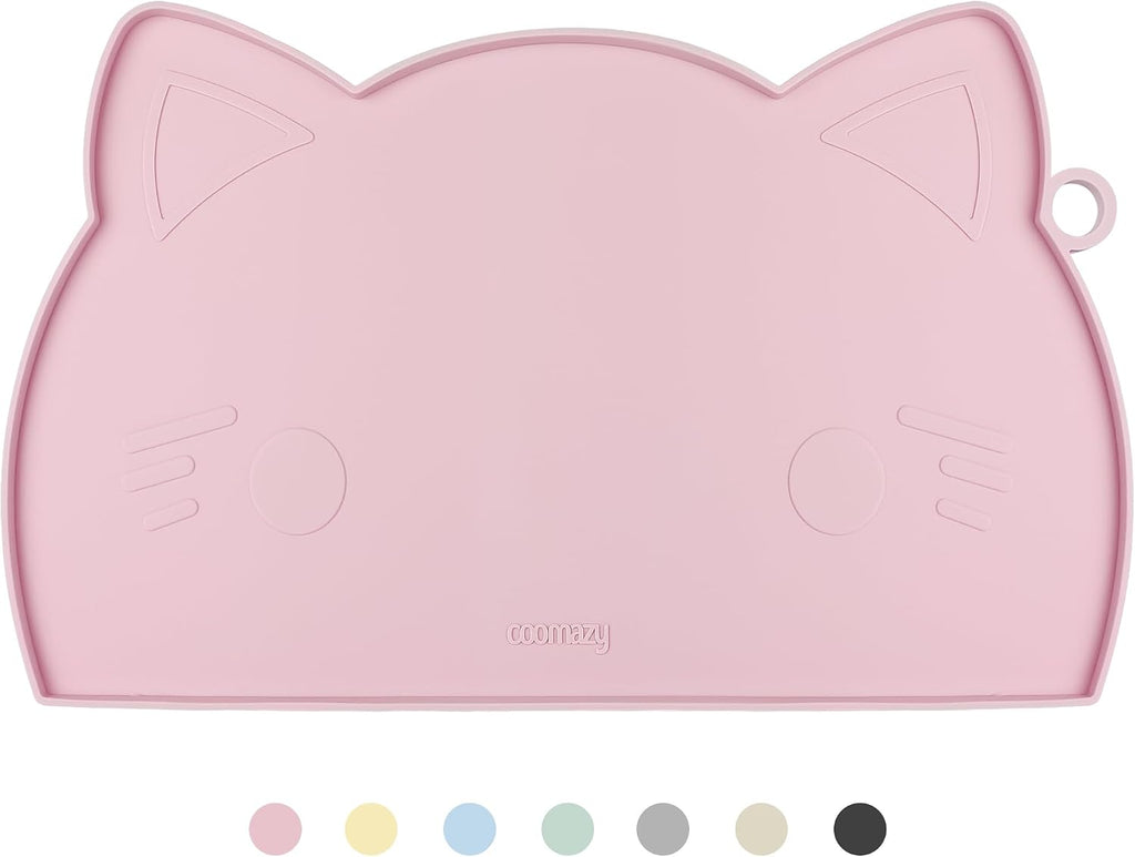 Cat Food & Water Mat Thicker Non-Slip Silicone Mat with Raised Edge | Pink water food bowl mat,Feeding Fountain mat for indoor cats