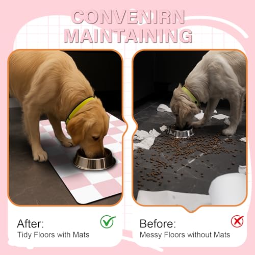 Cat Food Mat - 12"x 20" Cat Dog Mats for Food and Water Bowl, Checkered Pet Placemat Feeding Mat, Non-Slip Under Pet Bowls Mats for Messy Drinkers, Pink & White - view 3
