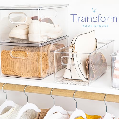 Plastic Food Storage 4 Pack Clear Container Bin with Handles for Organizing Kitchen, Pantry, Refrigerator, Freezer, Pantry, Cabinet, Closet, Bathroom. 16”x6”x5” - view 2