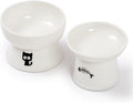Raised cat food and water bowl set, whisker friendly elevated ceramic cats feeder bowls with anti slip ring, anti-vomiting shallow high porcelain pet kitten dish, dishwasher safe (white)