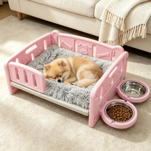 Small Dog Bed with Cushion & Bowls, Plastic Pet Bed for Puppies, Pink
