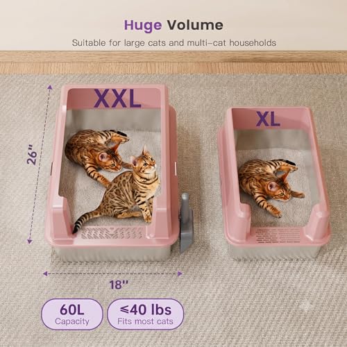 XXXL Stainless Steel Cat Litter Box with Lid, 26" L x 18" W x 12" H Metal Litter Box with High Sides for Big Cats & Multiple Cats, Never Absorbs Odors, Anti-Urine Leakage, Easy Cleanin(Pink) - view 2