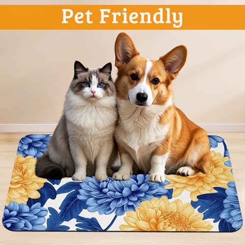 Blue Yellow Flowers Dog Food Mat, Absorbent Pet Feeding Mat for Food and Water Bowl,Quick Dry Dog Placemat Non Slip Rubber Backing Waterproof Pet Supplies 12" x 20" - view 2
