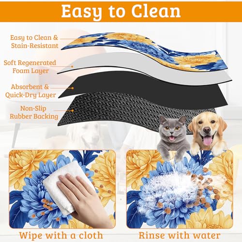 Blue Yellow Flowers Dog Food Mat, Absorbent Pet Feeding Mat for Food and Water Bowl,Quick Dry Dog Placemat Non Slip Rubber Backing Waterproof Pet Supplies 12" x 20" - view 5