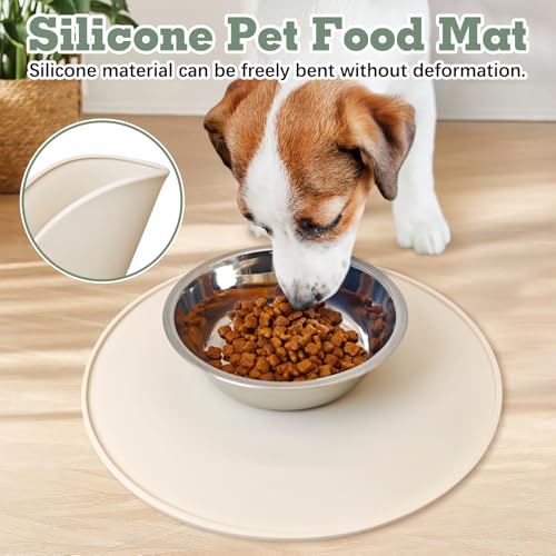 Silicone Cat Feeding Mat 2 Pack Dog Bowl Mats Pet Silicone Food Mat for Food and Water Nonslip Waterproof Feed Mats Round Eating Plate for Small and Medium Cats and Dogs (Beige) - view 3