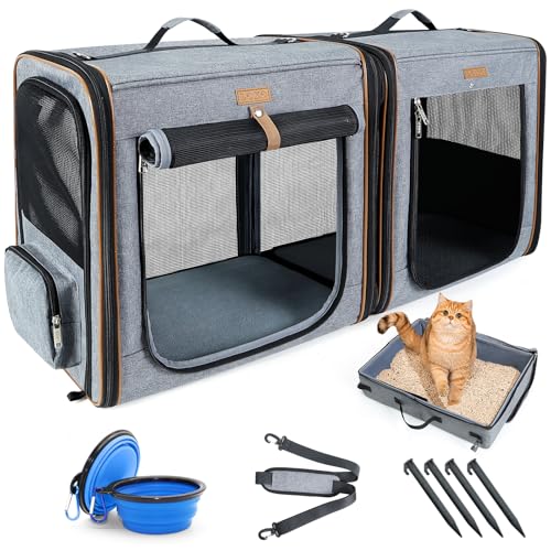Extra Large Cat Carrier for 2 Cats, 2-in-1 Cat Travel Carrier with Litter Box, (20.85" x2) x19.7"x19.7" Pet Carrier with Zipper Locks for Moving Across The Country (No Hammock) - Grey