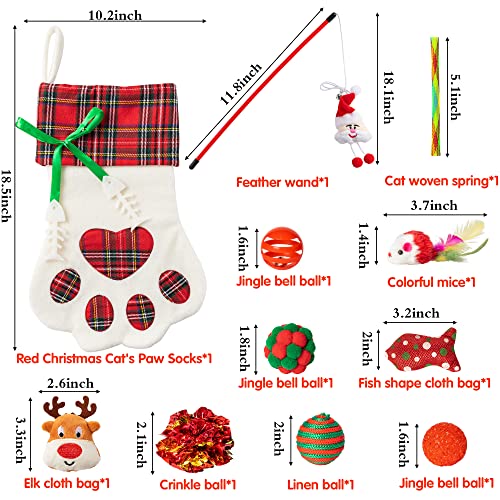 11Pcs Christmas Cat Stocking Toys Interactive Cat Toys Pack Including Feather Teaser Wand Catnip Mouse Crinkle Bells Ball Spring Toys for Indoor Cats, Christmas Hanging Stocking for Pet Cats - view 2