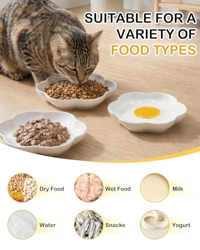 3 Pack Ceramic Cat Food Bowls, 5.9 Inch Ceramic Cat Dishes Set for Indoor Cats and Small Dogs, Anti Whisker Fatigue Kitten Bowls, Wide Shallow Kitten Plates for Food and Water (Fried Egg) - view 6