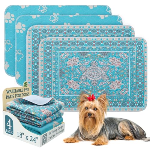 Washable Pee Pads for Dogs, 4 Pack Reusable Puppy Pads, Absorbent and Leakproof Dog Pee Pads, Non Slip Puppy Training Pads, Pet Mat for Floor, Crate, Couch, Whelping, 18"x24"