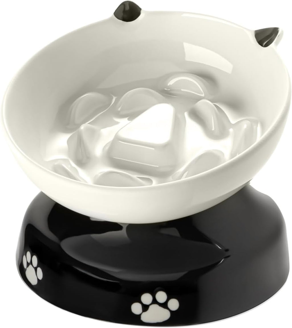 Ceramic Cat Slow Feeder, Elevated Dog Food Bowl Tilted Design, Slow Feeder Bowl no Black Chin, Cat Shape for Dry and Wet Food