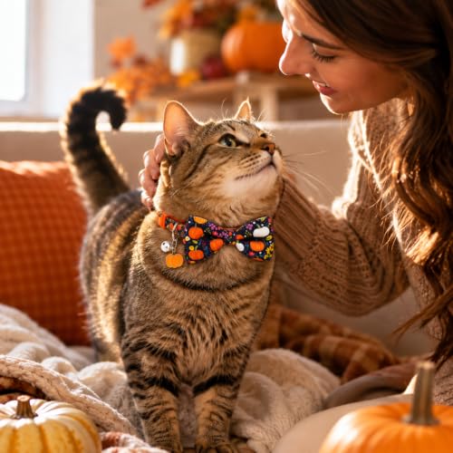 2 Pack Thanksgiving Cat Collars with Bow Ties & Charms, Cute Turkey Pumpkin Fall Breakaway Collars with Bells for Boy Girl Kitties & Kittens - view 4