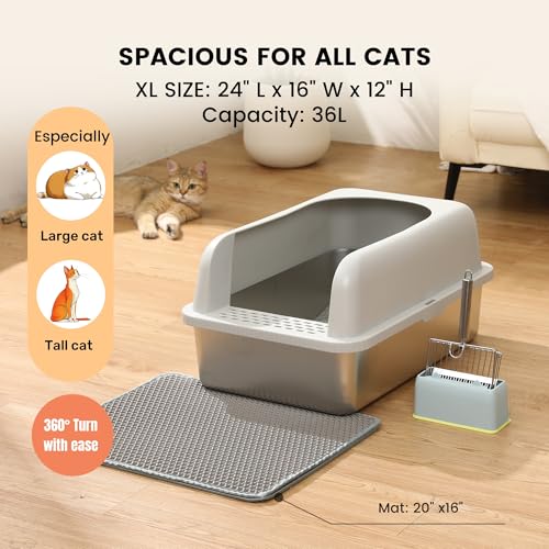 Stainless Steel XL Cat Litter Box for Big Cats- Metal Extra Large Litter Box with Lid, Include Metal Litter Scoop,Mat. High Sided with Guard Prevent Splashing. No Smell, Always New After Clean. - view 3