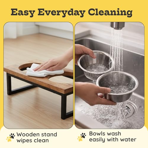 Elevated Dog Bowls, 4” Small Dogs & Cats Raised Bowl Mango Wood Stand, Food & Water 2 Stainless Steel Dishes Each 16oz/2Cup Capacity, Non-Slip Pet Feeder Station in Brown for Toy Breeds - view 5
