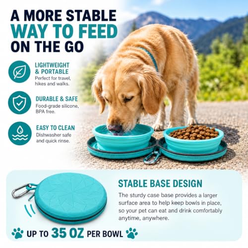 Collapsible Dog Bowls for Travel, 2-in-1 Silicone Food and Water Set with Zipper Carrying Case, Portable Foldable Pet Bowls with Non-Slip Base and Carabiner, 35 oz Each - view 4