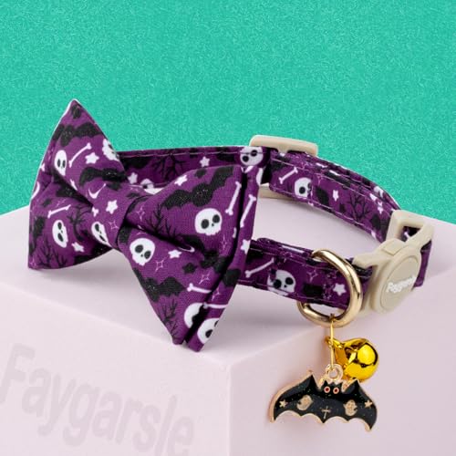 2 Pack Halloween Cat Collar with Bow Tie and Bell, Breakaway Safety Buckle, Purple Skull Bat and Orange Pumpkin Pattern - view 5