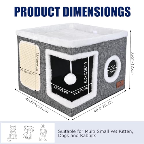 Cat Beds for Indoor Cats, Large Cat Cave Bed with Scratch Pad and Fluffy Ball, Foldable Cat Hideaway, Cat House with Reversible Cushion for Multi Small Pet Up to 30LBS, Grey - view 2