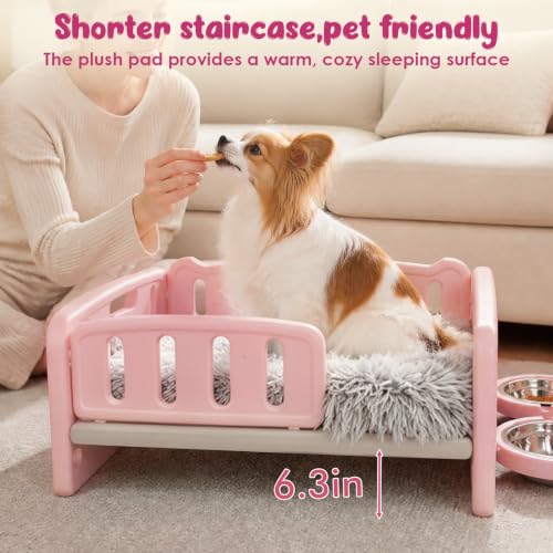 Small Dog Bed with Cushion & Bowls, Plastic Pet Bed for Puppies, Pink - view 5