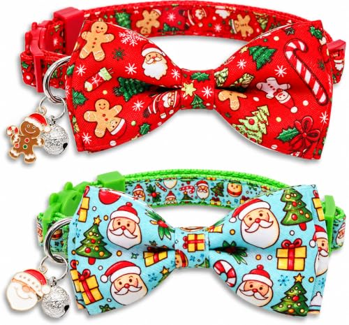 2 Pack Christmas Cat Collar with Bow Tie, Santa & Gingerbread Holiday Design, Adjustable Breakaway Collar with Bell for Kitties and Kittens
