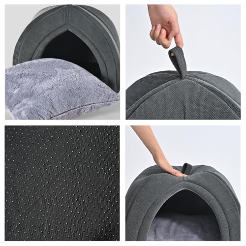 Cat Bed Cave, 2-in-1 Foldable House for Indoor Cats, with Washable Cushion and Non-Slip Base, 17.5 x 17.5 Inches, Large - view 2