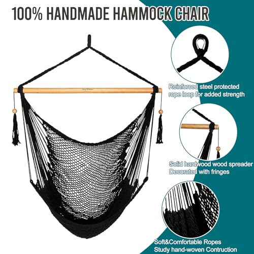 Hanging Hammock Chair, Caribbean Rope Swing Chair Wood Spreader Bar - view 3