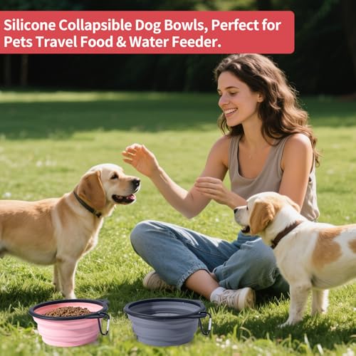 2Pack Silicone Collapsible Dog Bowls, Cute Pet Ear Shape and Cat Graphic Travel Water Bowl Full of Pet Atmosphere 25oz Portable Feeder for Small Large Dog Walking Hiking Camping (Pink and Grey) - view 4