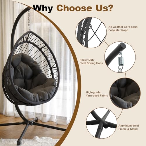 Hanging Egg Chair with Stand, Foldable Swing Hammock Chair, All-Weather Core-Spun Polyester Rope, Yarn-Dyed Cushion, 350LBS, Indoor Outdoor Patio Balcony (Dark Grey) - view 5