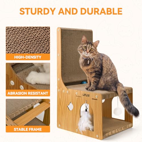 L-Shaped Double-Layer cat Scratching Board, Cardboard cat Scratching Post with Toys, Cat Scratcher & Hideaway for Indoor Cats to Scratch, Rest and Play - view 3