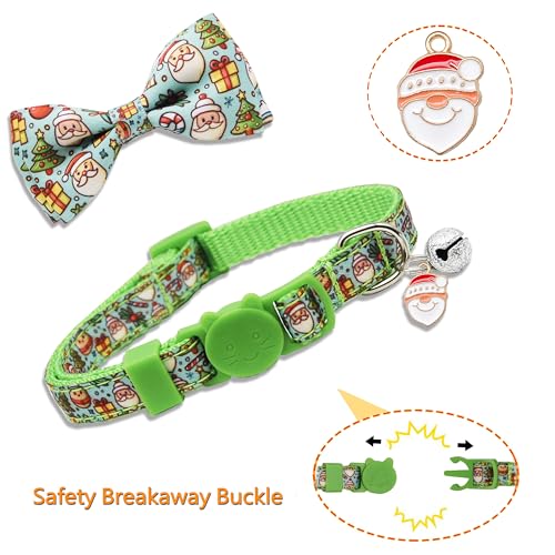 2 Pack Christmas Cat Collar with Bow Tie, Santa & Gingerbread Holiday Design, Adjustable Breakaway Collar with Bell for Kitties and Kittens - view 3