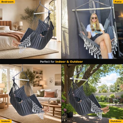 Hammock Chair Hanging Chair Swing Chair XXL Large Macrame Swing Indoor Hammock for Bedroom - Max 500 Lbs - 2 Cushions & All Hanging Kit Included - view 5