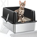 XL Stainless Steel Litter Box, Large Metal Cat Litter Box with High Sided for Big Cats, Enclosed Litter Boxes with Lid, Easy-Clean Cat Litter Mat & Scoop Kit, Anti-Urine Leakage (Black)