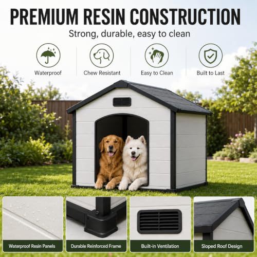 43" Large Dog House Outdoor, Waterproof Durable Resin Dog Kennel - view 2