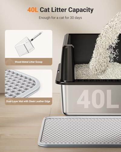 XL Stainless Steel Litter Box, Large Metal Cat Litter Box with High Sided for Big Cats, Enclosed Litter Boxes with Lid, Easy-Clean Cat Litter Mat & Scoop Kit, Anti-Urine Leakage (Black) - view 5