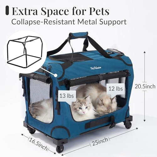 Extra Large Rolling Cat Carrier with Wheels, Soft Sided Pet Dog Carrier on Wheels for Big Cat 20lbs+ 2 Cats, Car Travel Portable XL Wheeled Bag 25"x16.5"x20.5" - view 2