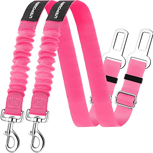2 Pack Dog Seat Belt, Retractable Dog Car Harness Adjustable Pet Safety Belt with Elastic Bungee Buffer, Heavy Duty & Durable & 360 Degree Swivel Dog Seatbelts