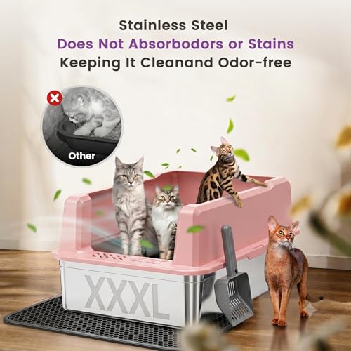 XXXL Stainless Steel Cat Litter Box with Lid, 26" L x 18" W x 12" H Metal Litter Box with High Sides for Big Cats & Multiple Cats, Never Absorbs Odors, Anti-Urine Leakage, Easy Cleanin(Pink) - view 4