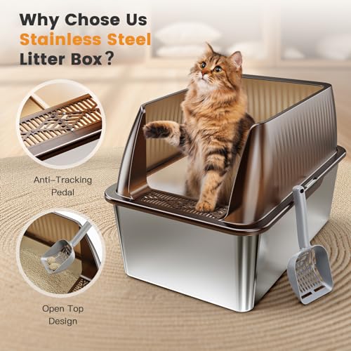 15”Stainless Steel Cat Litter Box Enclosure, XXL Stainless Steel High Sides with Lid, Extra Large Metal Cat Litter Box, Anti Leakage, Non-Sticky, Easy Cleaning, Includes Scoop - view 4