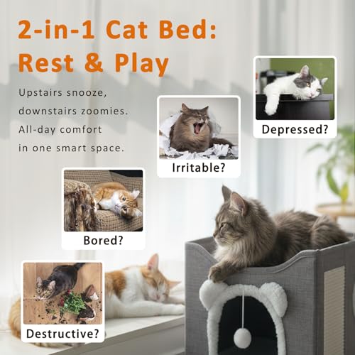 Cat Houses for Indoor Cats, Large Cats Bed Cave, Kitten Cube Box,Cat Condo with Scratching Pad, Hanging Fluffy Ball & Peekaboo Window, Foldable Hideaway Hand-Washable(16x16x13.3 Inches,Grey) - view 5