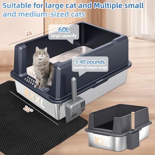 XXXL Extra Large Stainless Steel Litter Box, 28" L x 20" W x 14" H Super Large Stainless Steel Litter Box, Suitable for Large Cats and Multiple Cats, Non-Sticky, Anti-Leakage, Easy to Clean - view 7