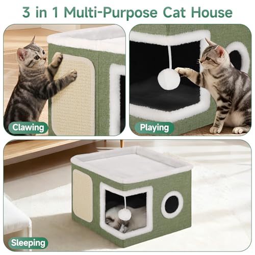 Cat House Bed for Indoor Cats with Fluffy Ball and Scratch Pad Green - view 4
