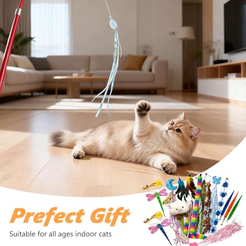 Cat Toys Interactive Feather Teaser Wand Set, 11 Pack Retractable Cat Fishing Pole Toy with Assorted Replaceable Attachments & Bells, Fun Hunting Exercise Toys - view 6