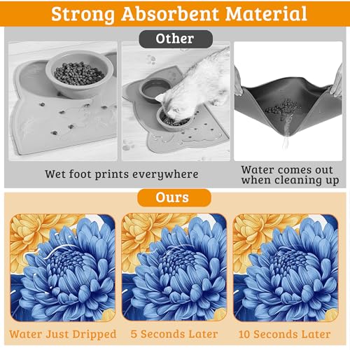 Blue Yellow Flowers Dog Food Mat, Absorbent Pet Feeding Mat for Food and Water Bowl,Quick Dry Dog Placemat Non Slip Rubber Backing Waterproof Pet Supplies 12" x 20" - view 3