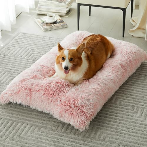 Dog Beds for Large Dogs, Plush Dog Crate Bed Fluffy Cozy Kennel Pad for Sleeping &Ease Anxiety, Washable Pet Mats with Anti-Slip Bottom for Large Medium Dogs, Pet Bed, Pink