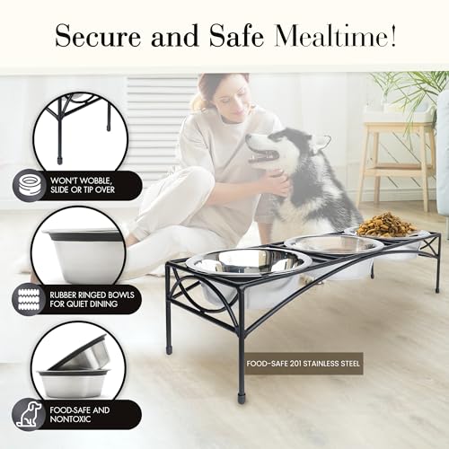 Regal Triple Diner - Triple Bowl Dog and Cat Feeder Stand - Ideal for Feeding Multiple Pets - Durable Wrought Iron Construction with 3-2 Qt Stainless Bowls - 26.5" L x 8" W x 7" H, Black - view 5