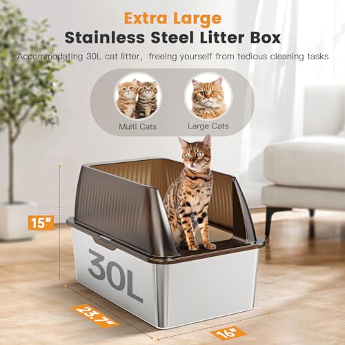 15”Stainless Steel Cat Litter Box Enclosure, XXL Stainless Steel High Sides with Lid, Extra Large Metal Cat Litter Box, Anti Leakage, Non-Sticky, Easy Cleaning, Includes Scoop - view 2