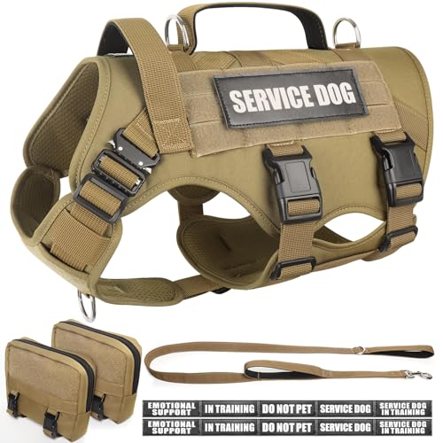 Tactical Dog Harness with Dog Leash, Service Working MOLLE Vest with 10 Pet Patches for Medium Dog, No Pull Military Harness and Backpack for Training Hunting Walking