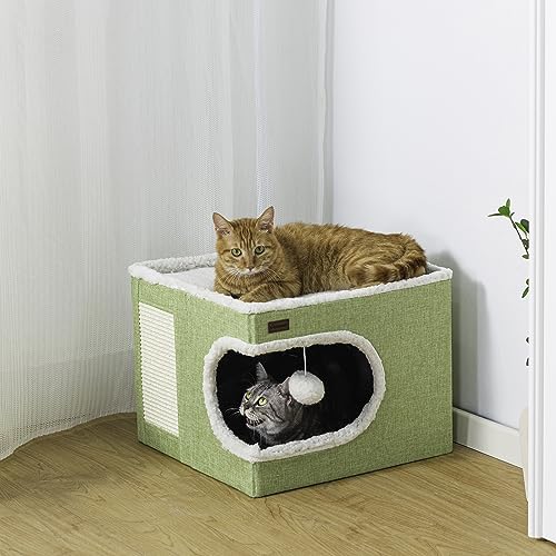 Cat Bed for Indoor Cats Cube House, Covered Cat Cave Beds & Furniture with Scratch Pad and Hideaway Tent, Cute Modern Cat Condo for Multi Small Pet Large Kitten Kitty, Green - view 3
