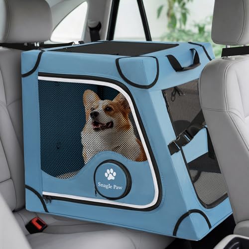 Portable Dog Crate for Car Travel,Metal Frame Pet Crate,Pet Carrier for Car Back Seat Secures with Headrest Strap and Seatbelt,M