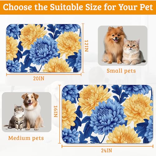 Blue Yellow Flowers Dog Food Mat, Absorbent Pet Feeding Mat for Food and Water Bowl,Quick Dry Dog Placemat Non Slip Rubber Backing Waterproof Pet Supplies 12" x 20" - view 6